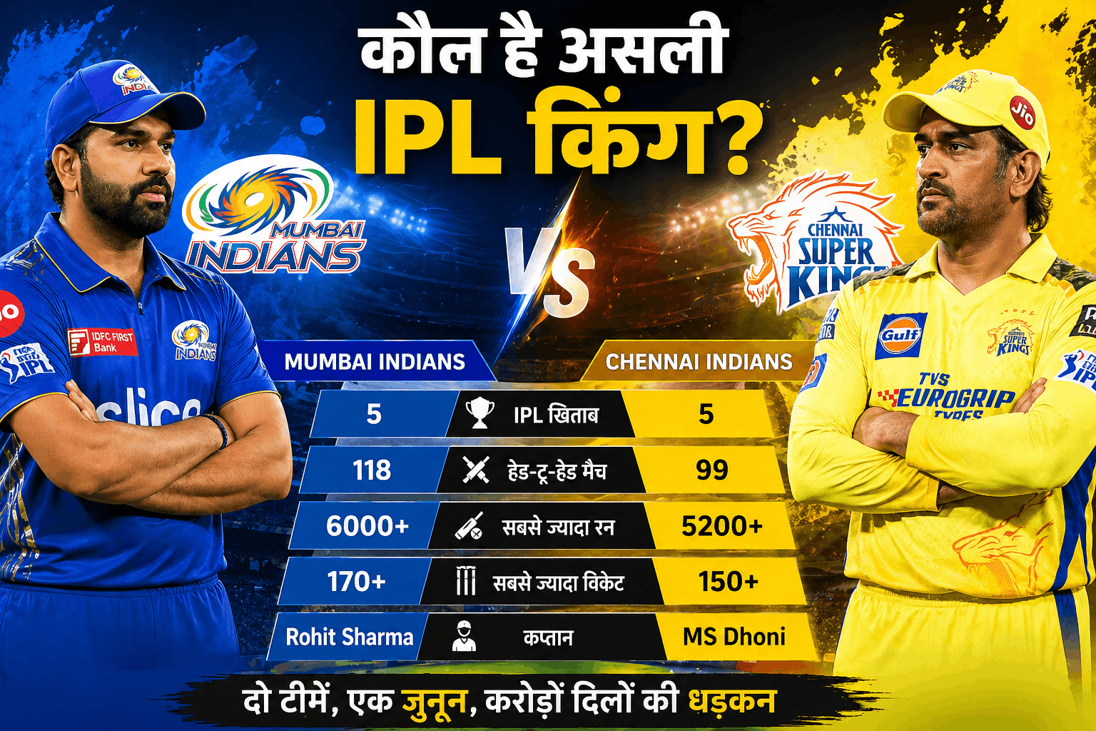 chennai super kings vs mumbai india IPL comparison image with Rohit Sharma vs MS Dhoni stats and team rivalry highlights
