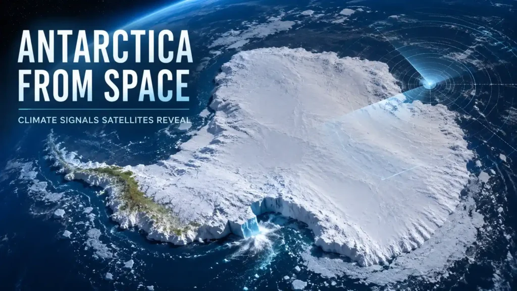 Antarctica from space showing satellite climate signals, sea ice, iceberg calving, and greening of Antarctica