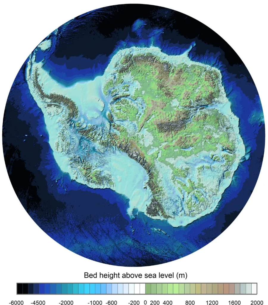 Antarctica from space BEDMAP Antarctica bedrock mapping showing hidden mountains beneath ice