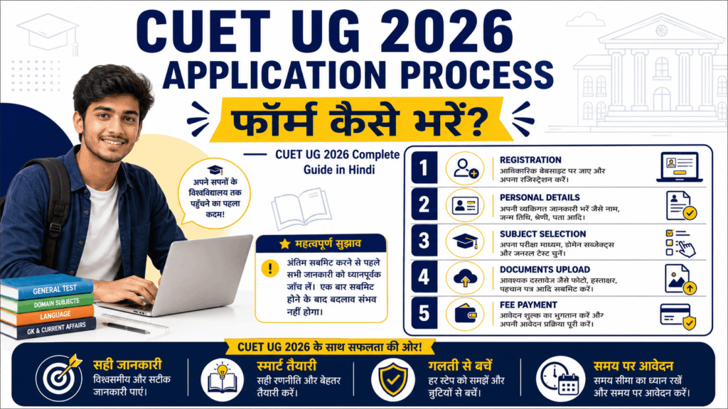 CUET UG 2026 Complete Guide in Hindi image showing CUET UG 2026 application process, registration, subject selection, document upload and fee payment