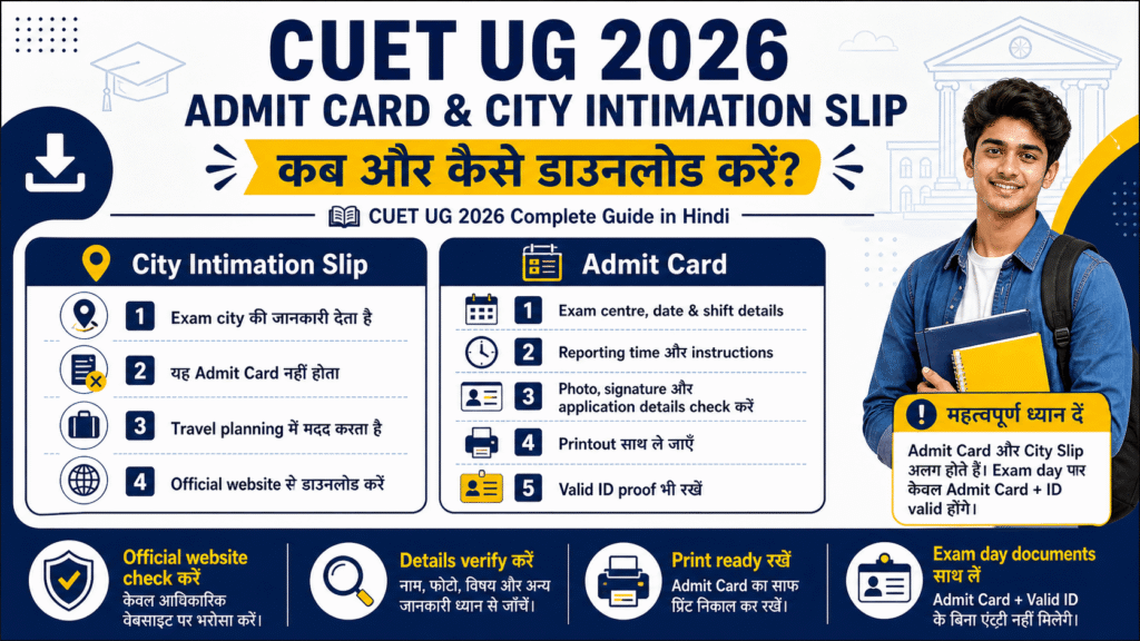 CUET UG 2026 Complete Guide in Hindi image showing CUET UG 2026 admit card and city intimation slip download guide