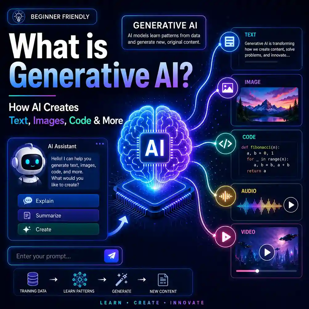 What is Generative AI beginner guide showing AI creating text images code audio and video