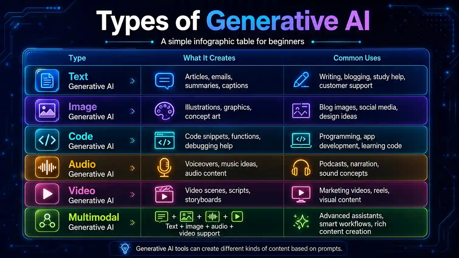 This infographic explains the Types of Generative AI in a simple table format for beginners. It shows what each generative AI type creates and how it is commonly used for writing, blogging, coding, design, podcasts, videos, smart workflows, and content creation. Types of Generative AI infographic explaining text image code audio video and multimodal AI