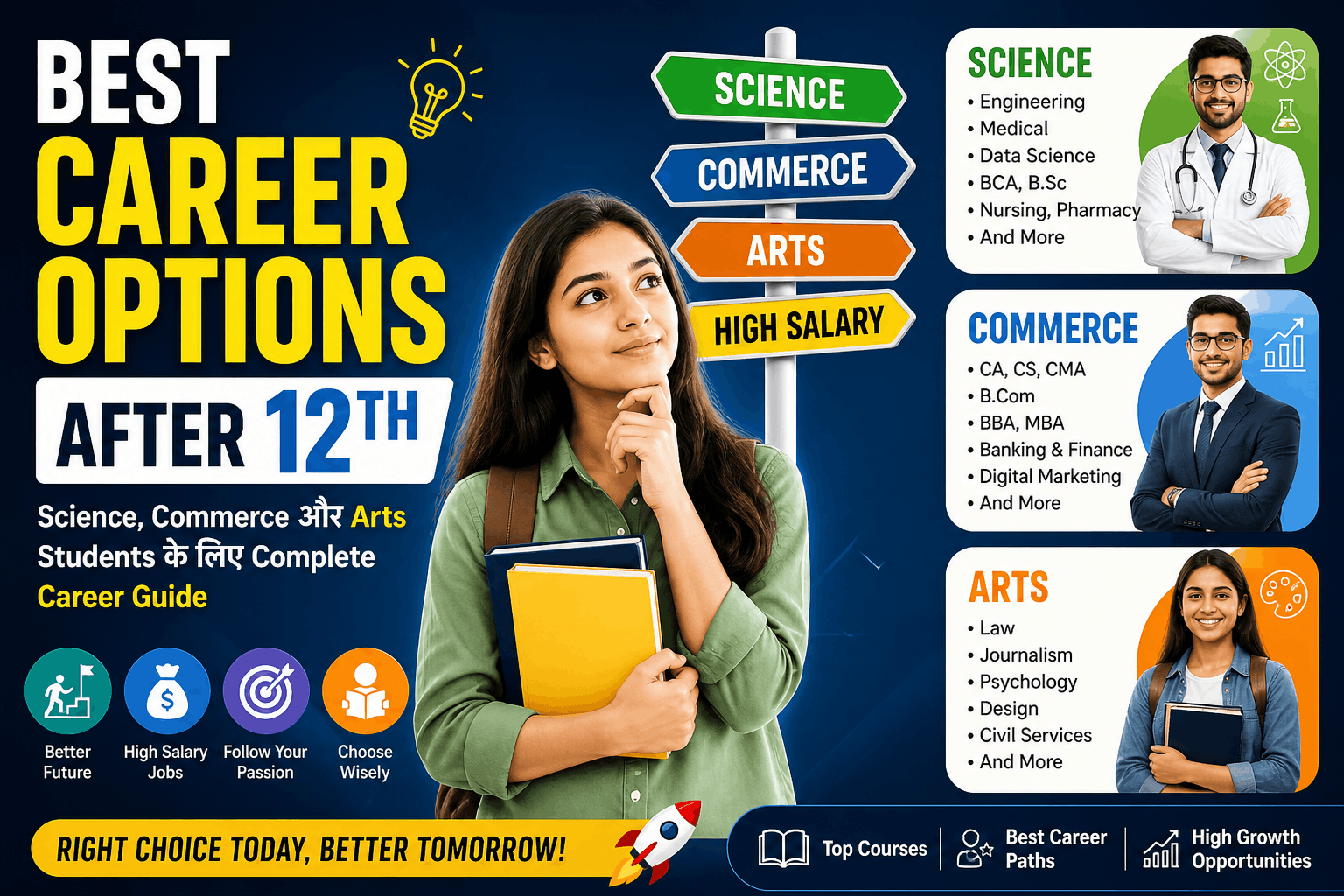 best career options after 12th guide image showing science commerce arts high salary courses and career choices