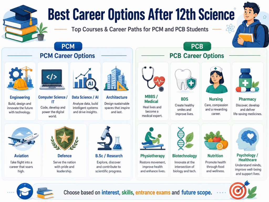 best career options after 12th image showing best career options after 12th science for PCM and PCB students