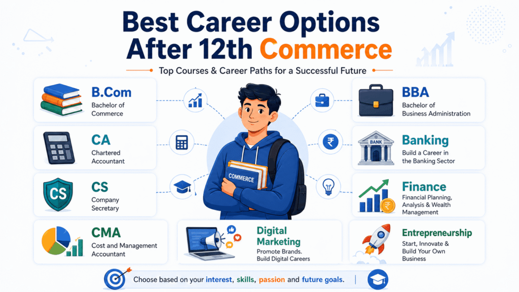 best career options after 12th image showing best career options after 12th commerce including BCom CA CS CMA BBA banking finance and digital marketing
