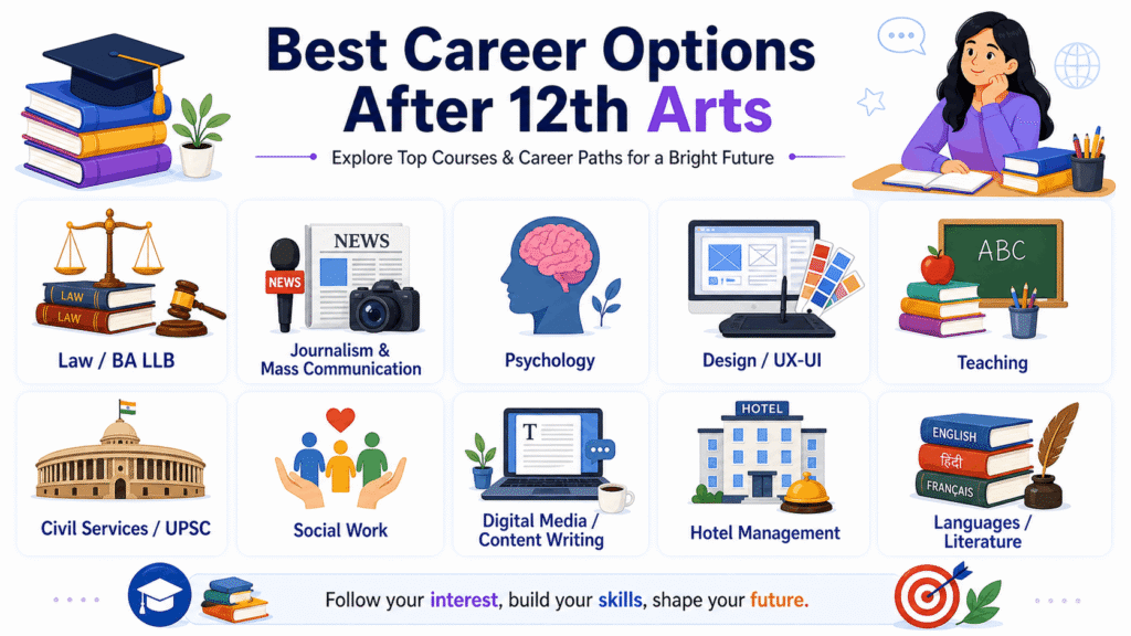best career options after 12th image showing best career options after 12th arts including law journalism psychology design teaching civil services and hotel management