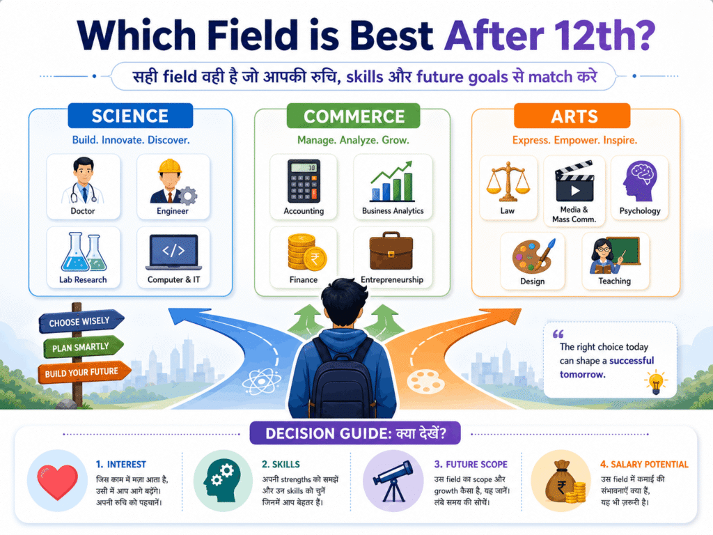 best career options after 12th image showing which field is best after 12th for science commerce and arts students