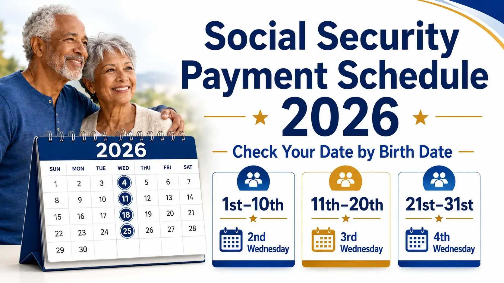 Social Security payment schedule 2026 calendar showing payment dates by birth date groups