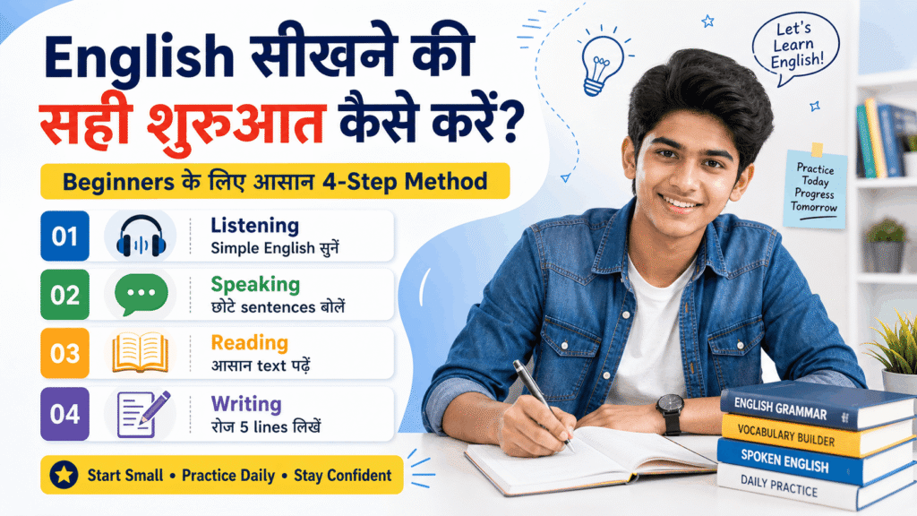 tips for how to learn english सही शुरुआत कैसे करें image for beginners in Hindi