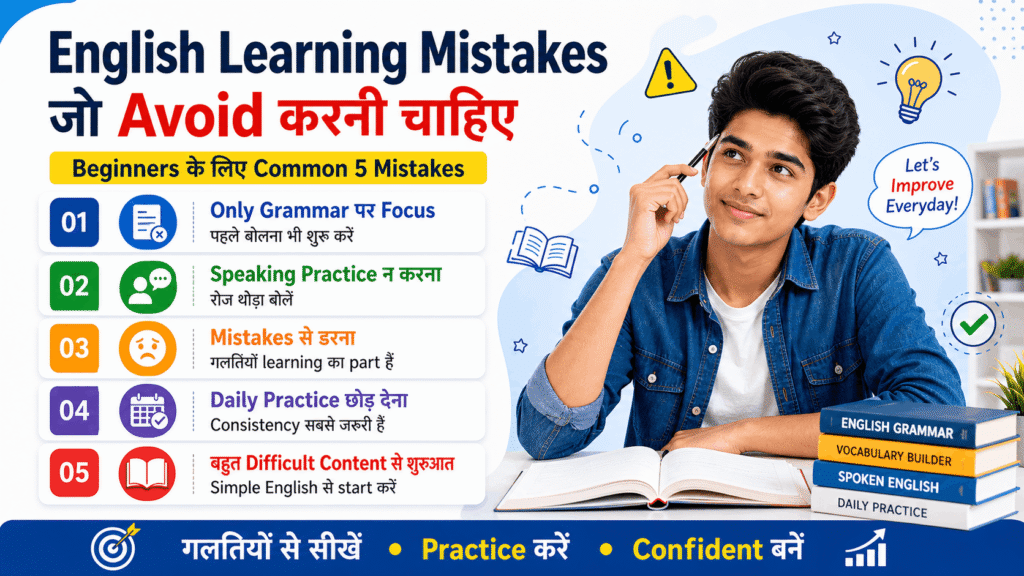 English Learning Mistakes जो avoid करनी चाहिए image for beginners in Hindi