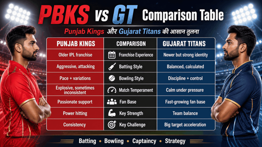 PBKS vs GT comparison table Punjab Kings vs Gujarat Titans infographic