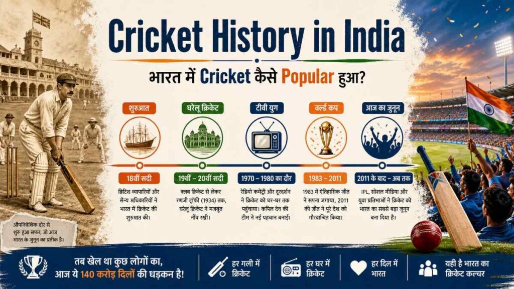 Cricket history in India Bharat me cricket kaise popular hua timeline infographic