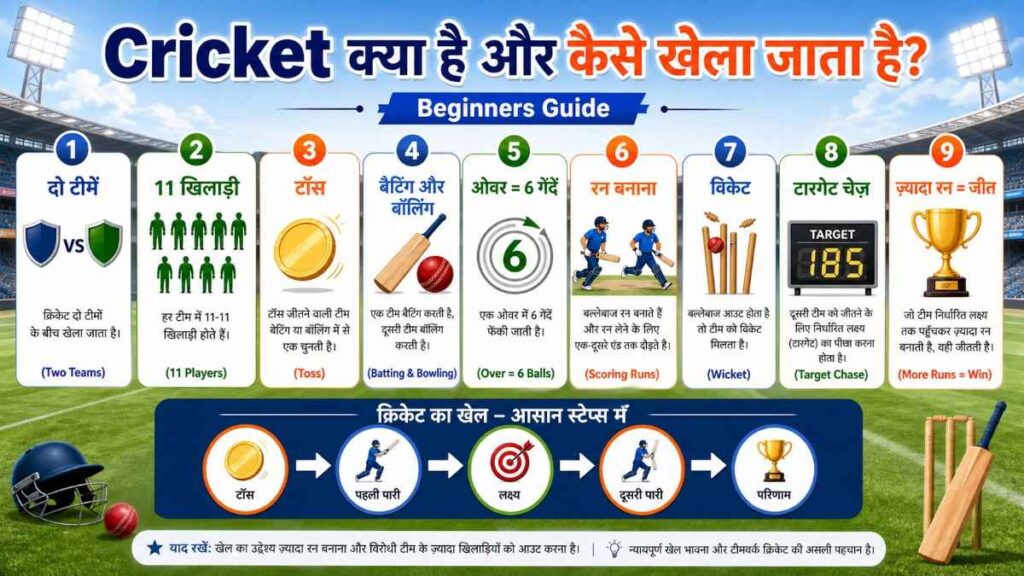 Cricket क्या है और कैसे खेला जाता है beginner guide infographic in Hindi