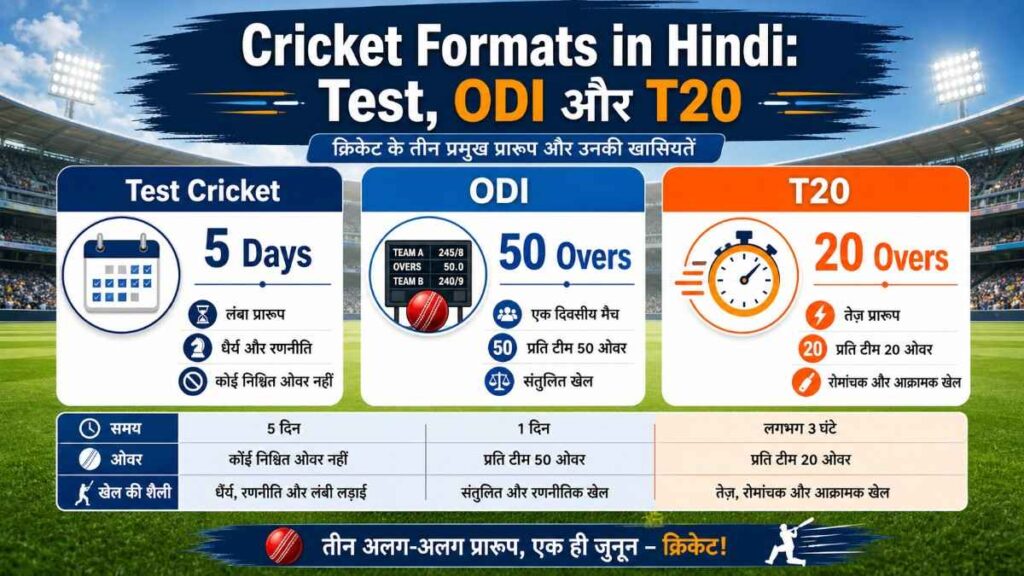 Cricket Formats in Hindi Test ODI aur T20 comparison infographic