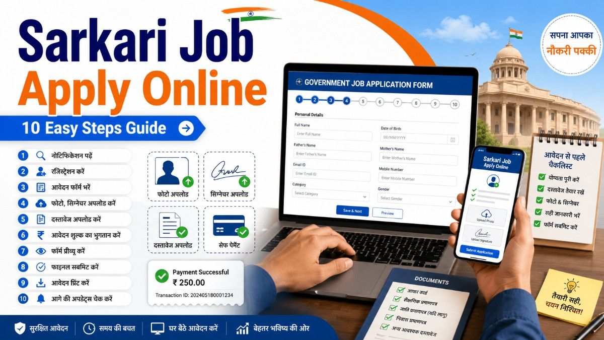 Sarkari Job Apply Online guide with registration form documents photo signature upload and fee payment checklist