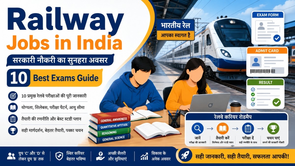Railway Jobs in India guide with aspirants, train icon, exam form, admit card, result checklist and career roadmap