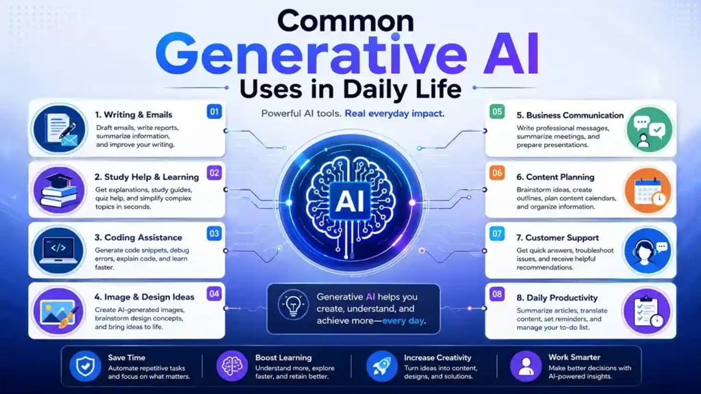 Common Generative AI uses in daily life including writing, studying, coding, business communication, content planning and productivity