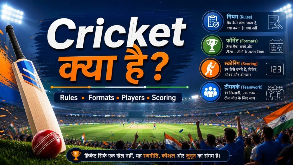 Cricket क्या है complete guide with bat, ball, stadium and cricket rules visual