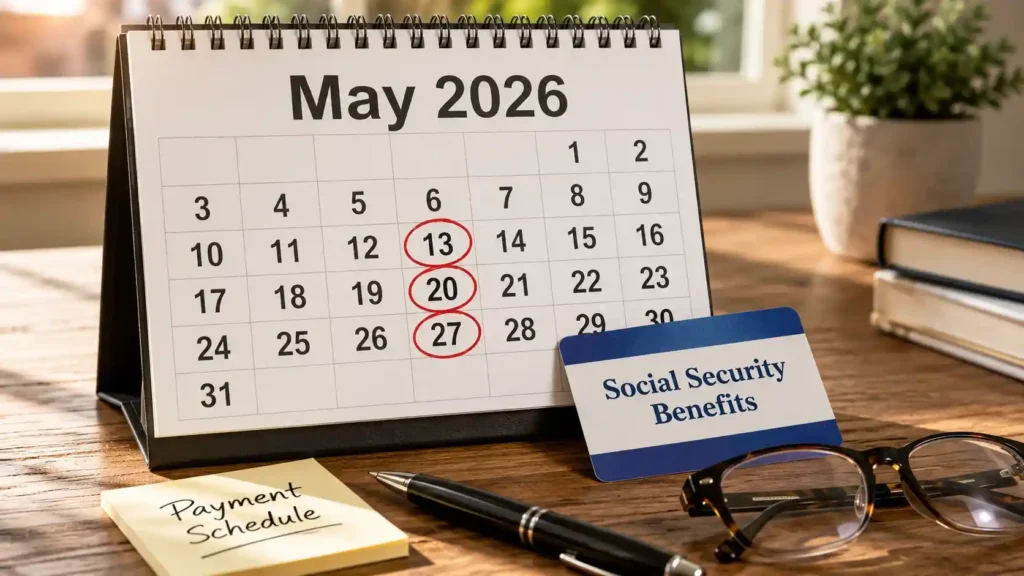 Social Security payment schedule May 2026 calendar showing May 13, May 20, and May 27 payment dates