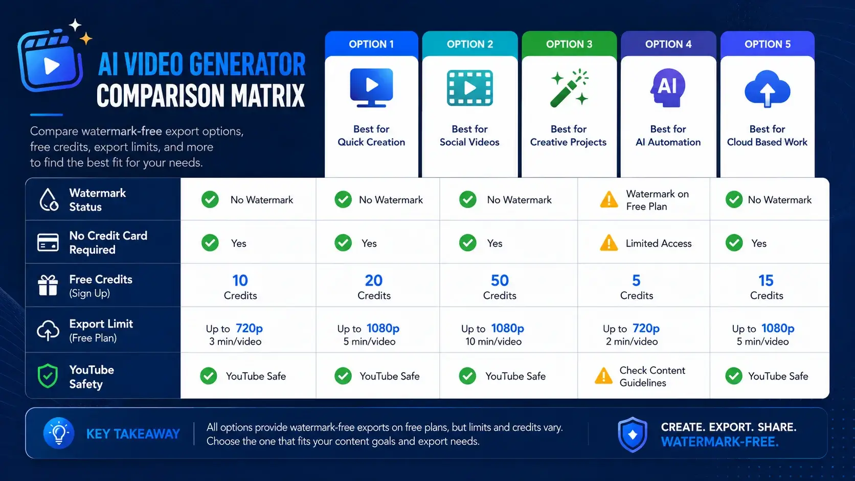 AI video generator comparison matrix for watermark free exports
