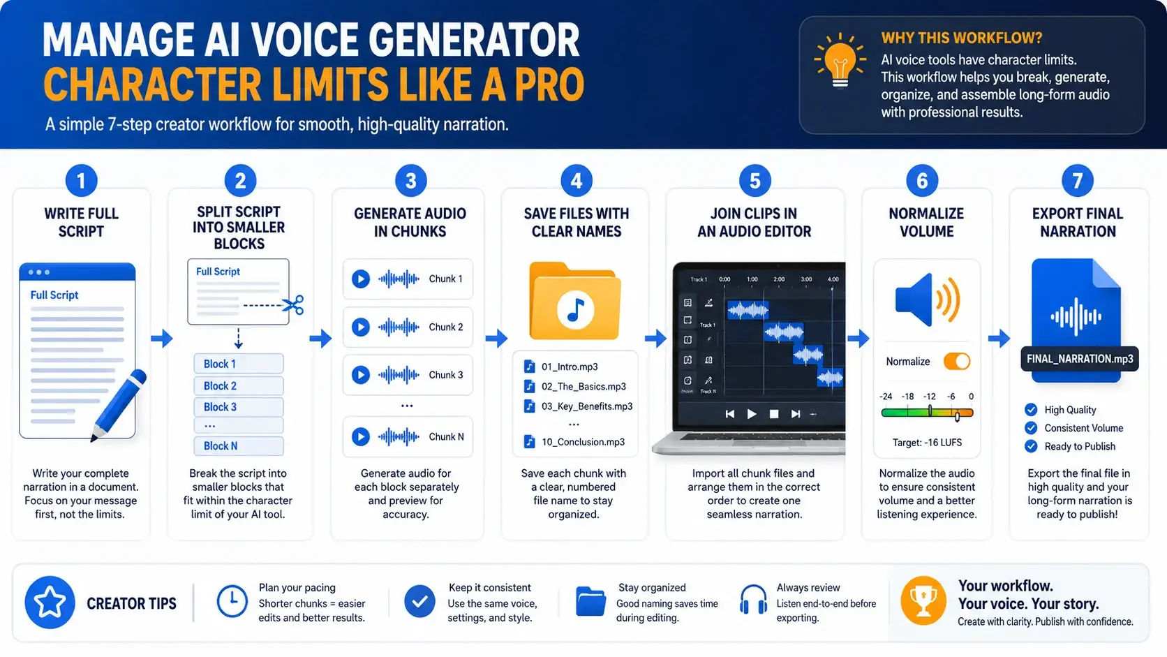 Workflow infographic showing how to split long scripts for free AI voice generators