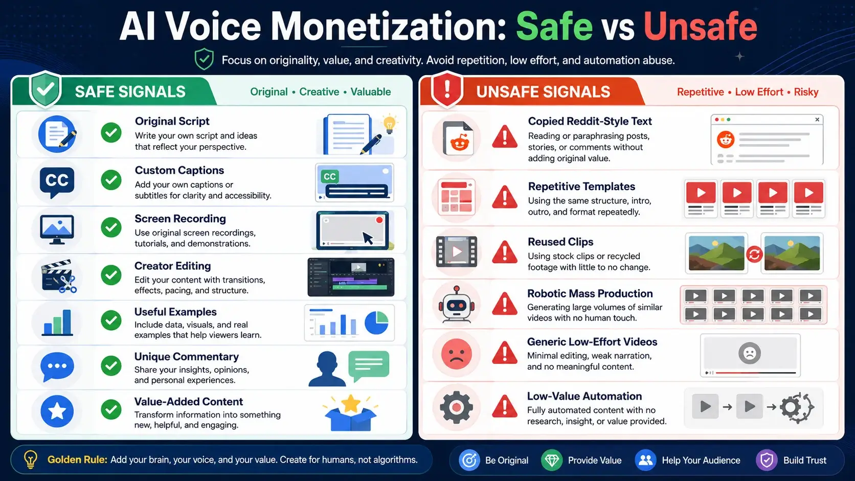 Are AI voices safe for YouTube monetization - Safe vs Unsafe