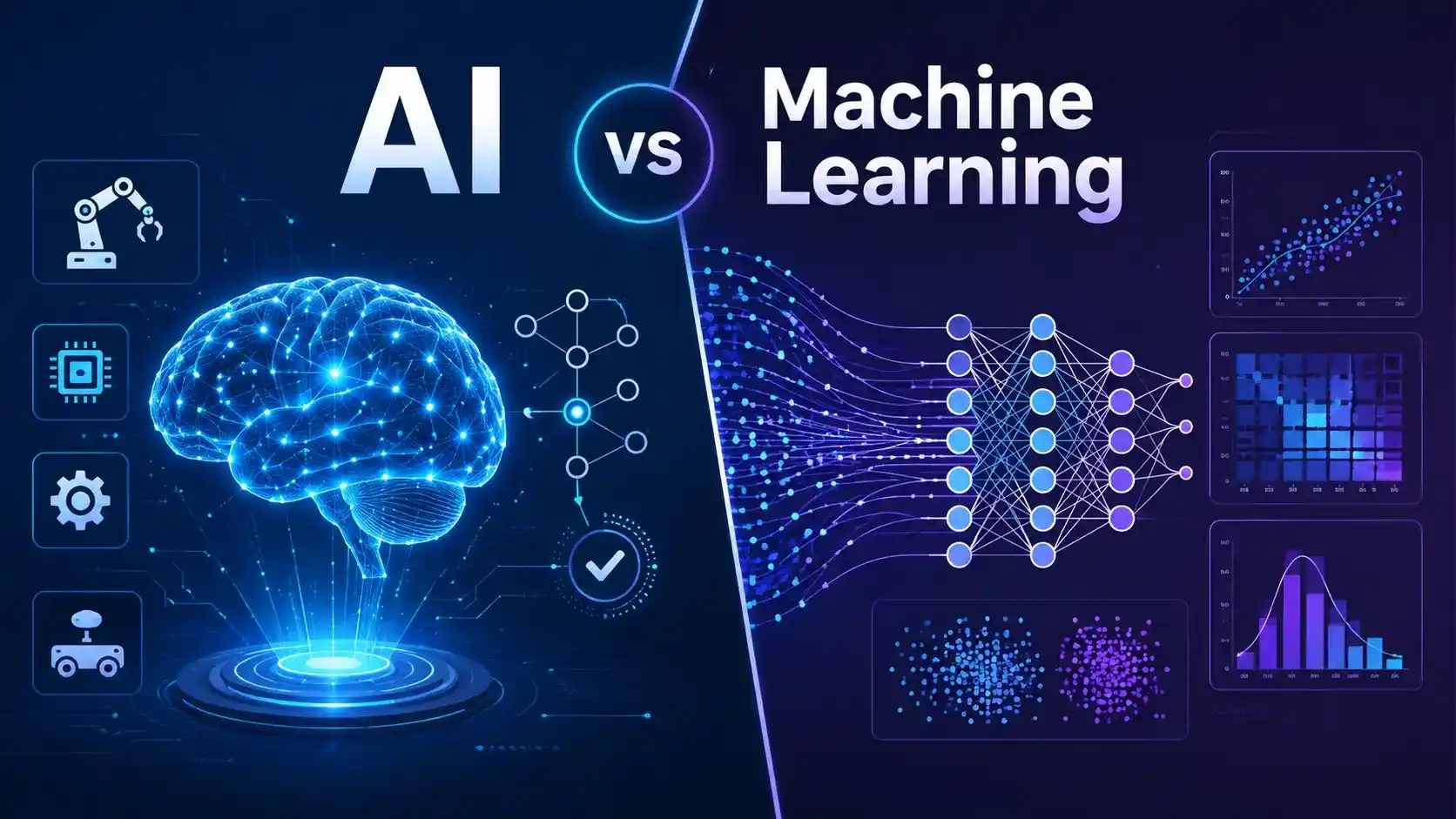 AI vs Machine Learning comparison with artificial intelligence and machine learning concepts