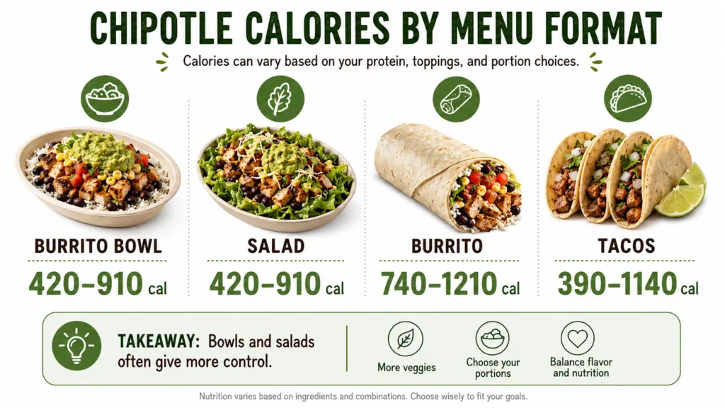 Best low-calorie Chipotle order infographic showing a bowl or salad, grilled chicken, fresh salsa, fajita vegetables, and fewer rich extras