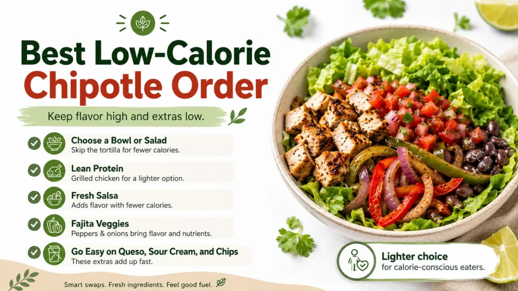 Best low-calorie Chipotle order guide showing salad or bowl choice, lean chicken, fresh salsa, fajita vegetables, and fewer heavy extras