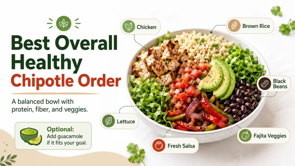 Best overall healthy Chipotle order infographic showing chicken, brown rice, black beans, lettuce, fresh salsa, fajita vegetables, and optional guacamole
•	Caption: A practical healthy Chipotle order built with lean protein, fiber-rich ingredients, vegetables, and fresh toppings.
