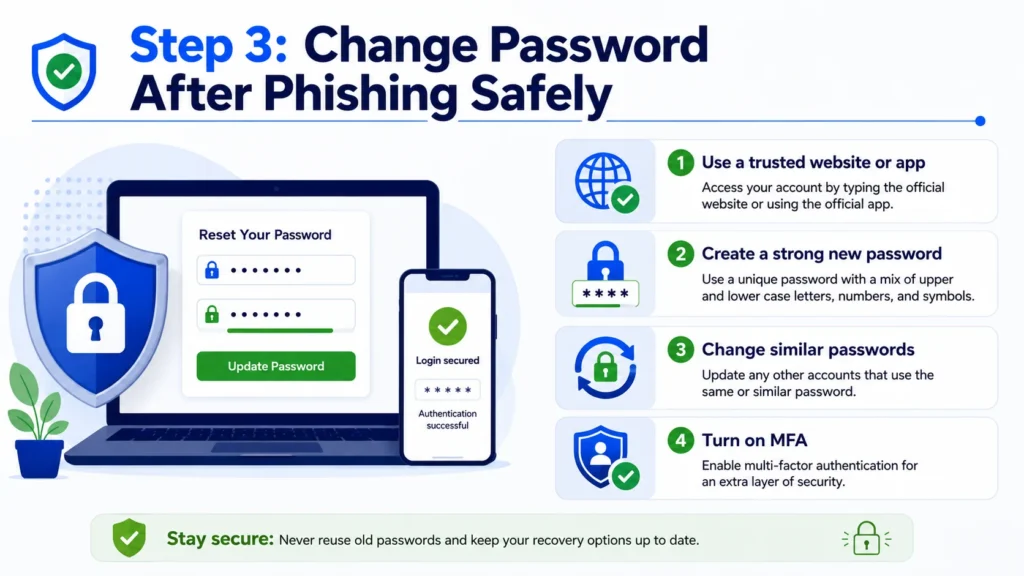 Step 3 change password after phishing safely infographic