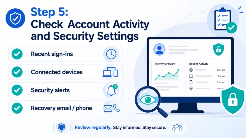Step 5 check account activity and security settings infographic after a phishing link click