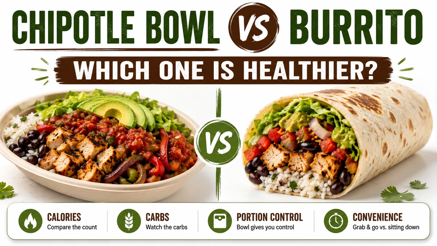 Chipotle bowl vs burrito featured image comparing a burrito bowl and a burrito for calories, carbs, portion control, and convenience