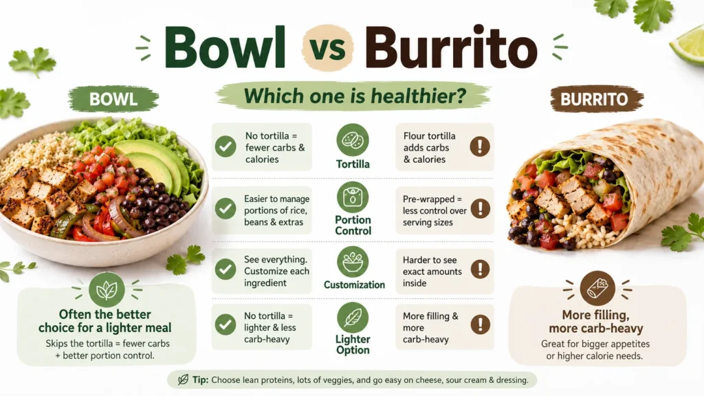 Chipotle bowl vs burrito comparison infographic showing why a bowl is often the healthier option for lower carbs, better portion control, and easier customization