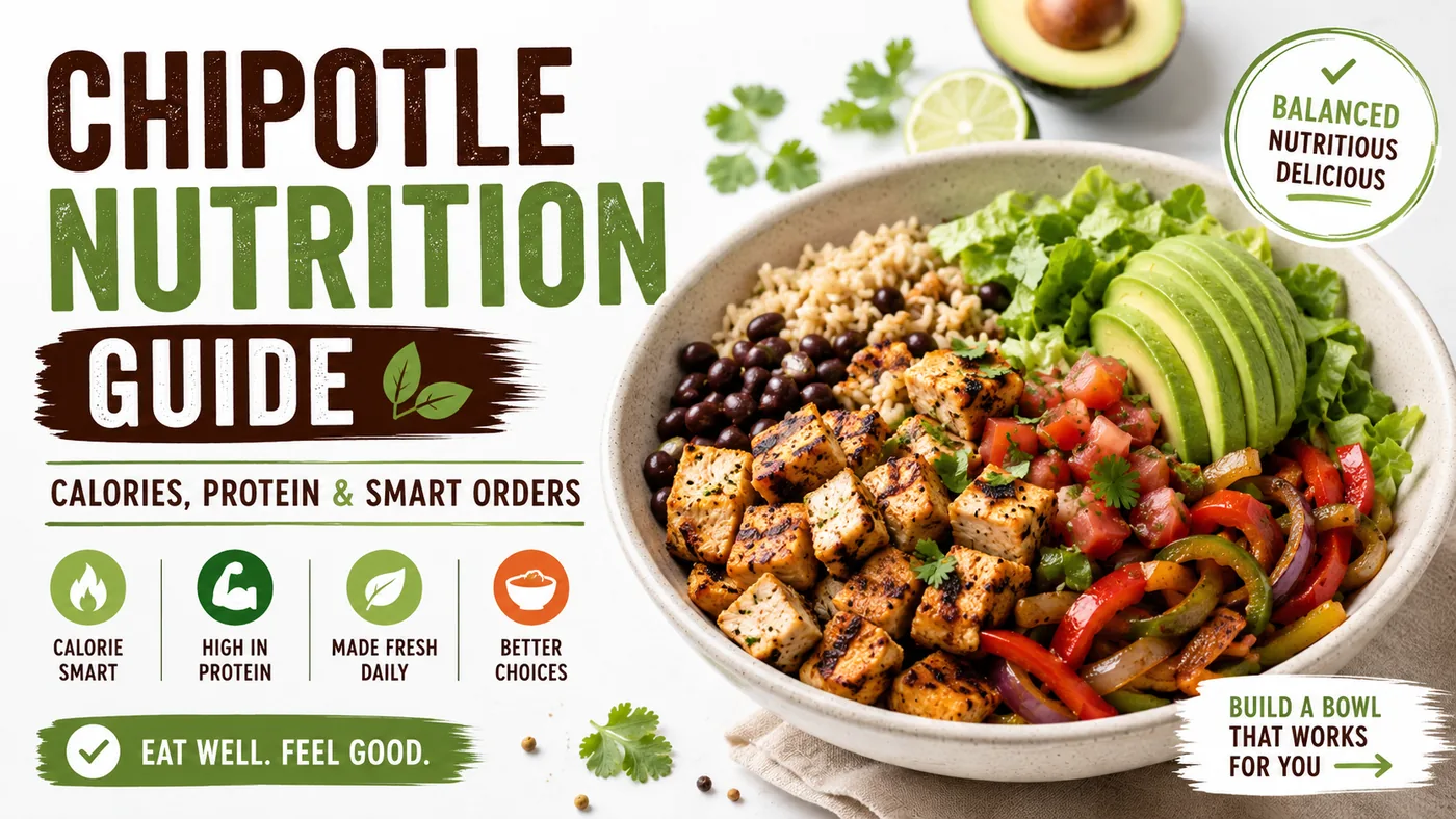 Chipotle nutrition guide featured image showing a healthy burrito bowl with chicken, brown rice, black beans, lettuce, fajita vegetables, salsa, and avocado