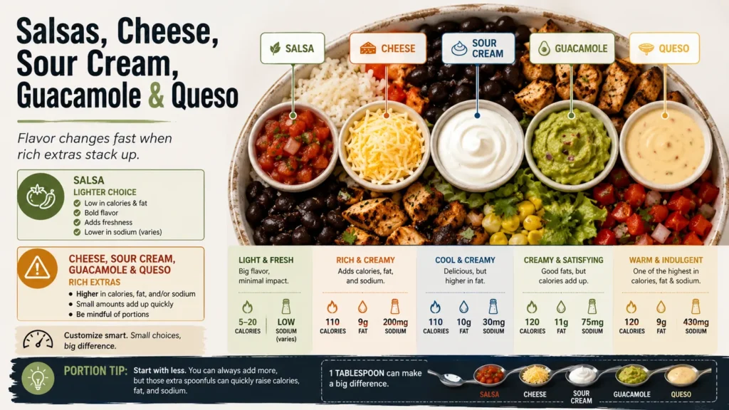 Chipotle toppings guide showing salsa, cheese, sour cream, guacamole, and queso with nutrition impact and lighter versus richer choices