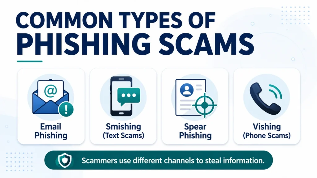 Common types of phishing scams infographic showing email phishing smishing spear phishing and vishing