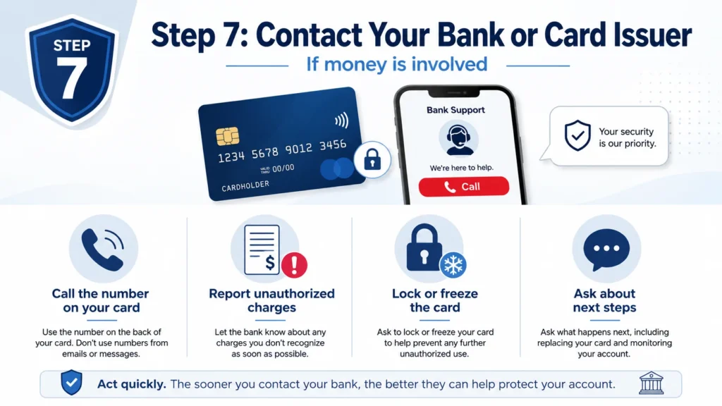 Step 7 contact your bank or card issuer if money is involved infographic