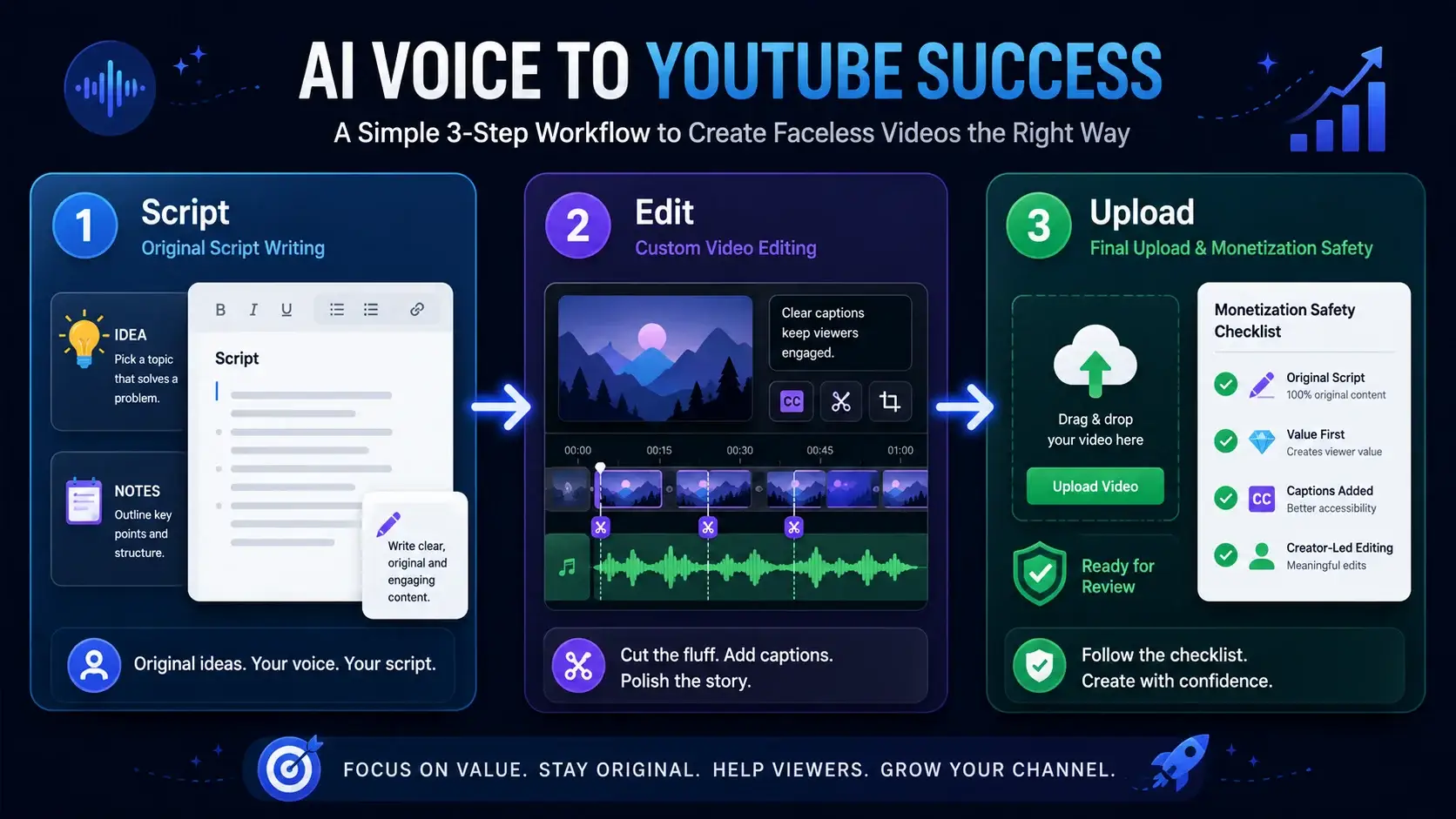 Faceless YouTube channel monetization AI voice workflow