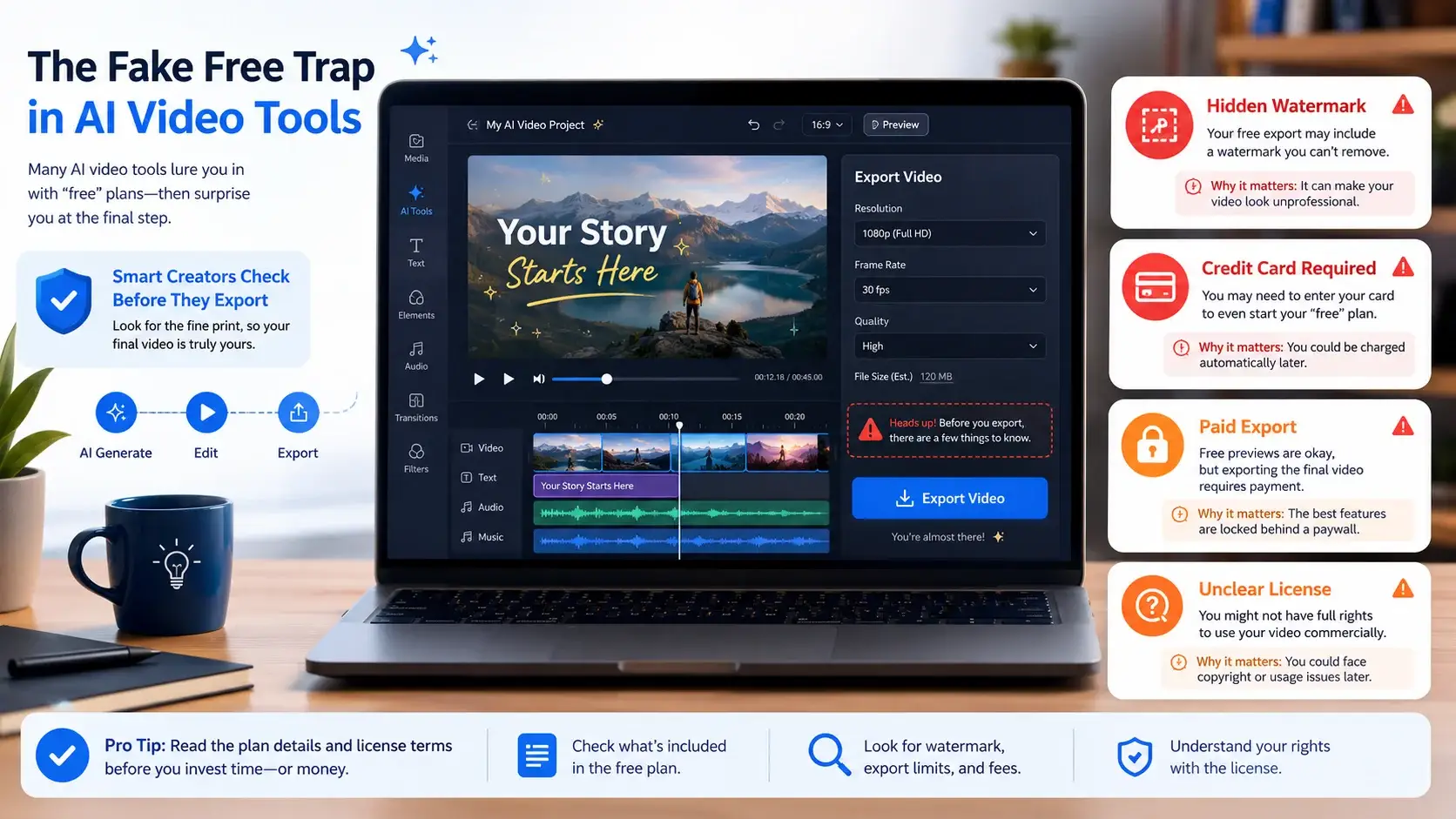 Fake free AI video generator trap with watermark and credit card warning