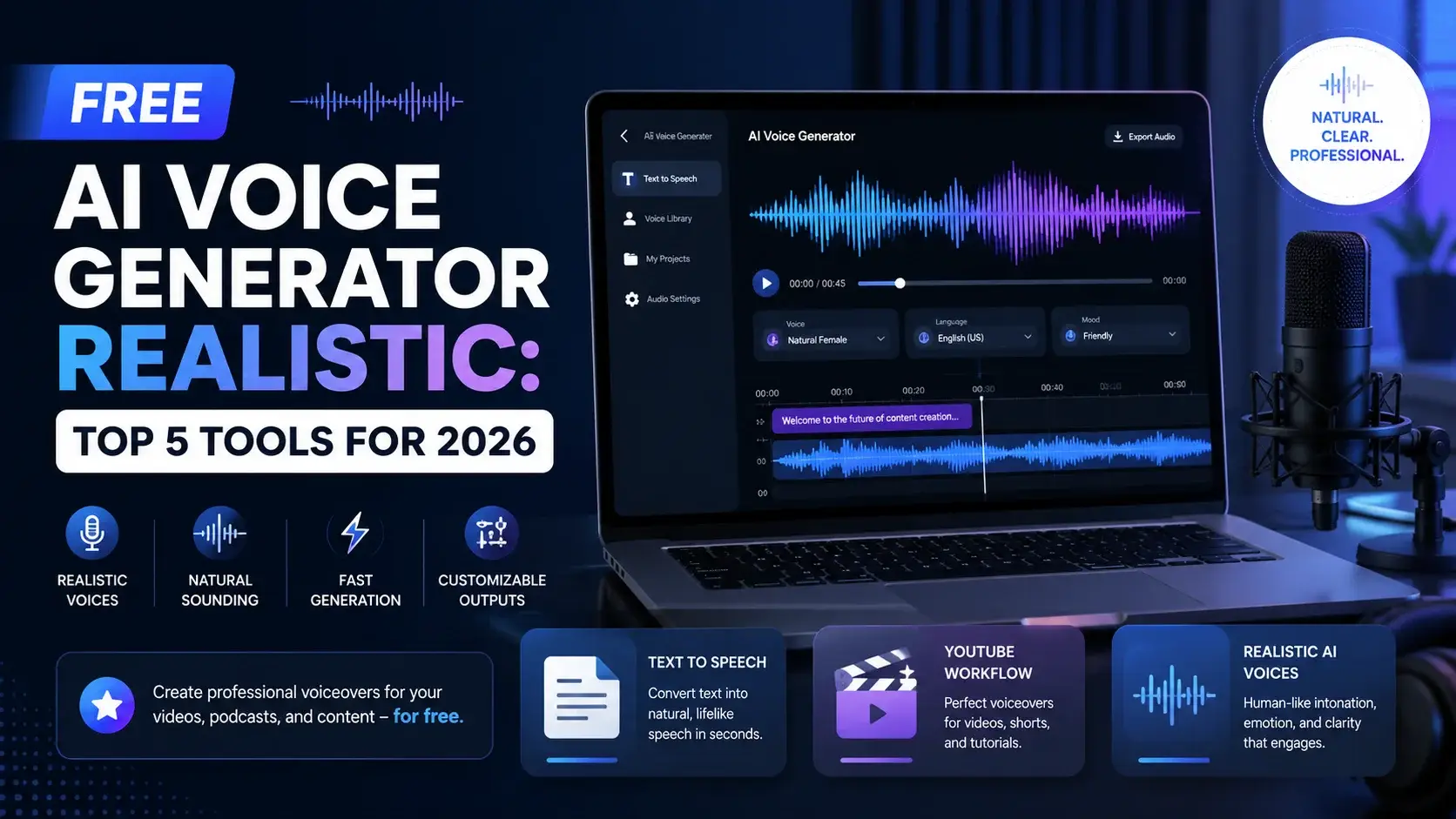 Free AI voice generator realistic featured image showing AI voice tools and audio workflow