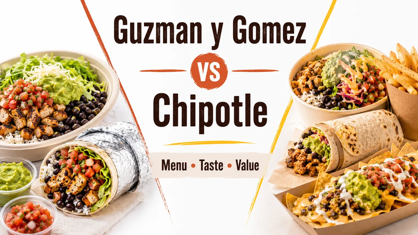 Guzman y Gomez vs Chipotle featured image comparing bowls, burritos, nachos, fries, and Mexican fast-casual menu style