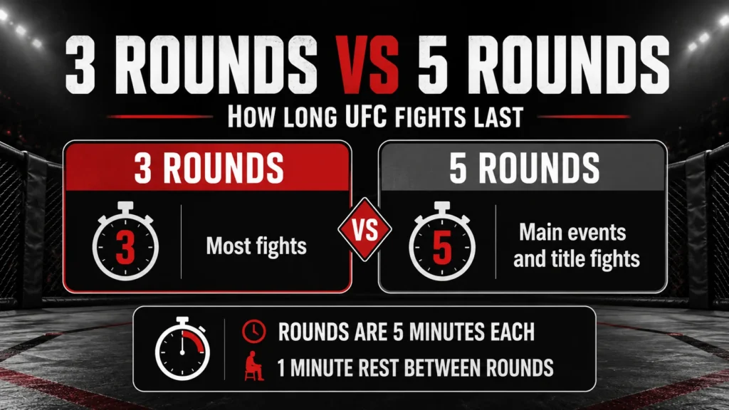 How long UFC fights last 3 rounds vs 5 rounds