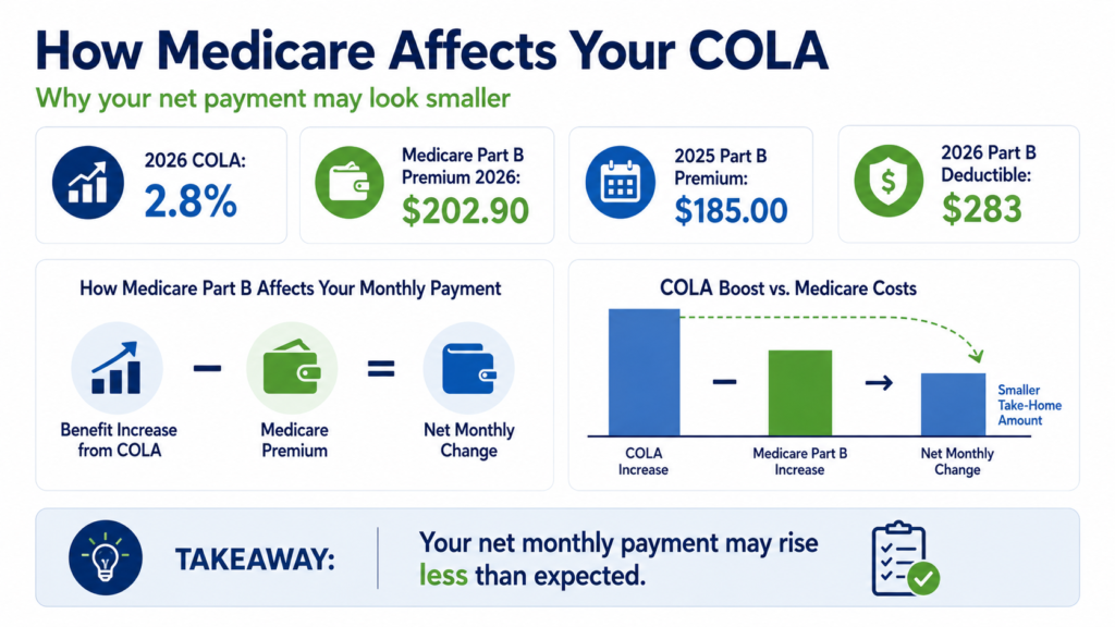 A clean finance infographic explaining how Medicare affects Social Security COLA 2026. The image shows the 2.8% COLA increase, Medicare Part B premium, 2025 premium comparison, 2026 deductible, and how the net monthly payment may look smaller after Medicare costs. How Medicare affects Social Security COLA 2026 with Part B premium deductible and net monthly payment change