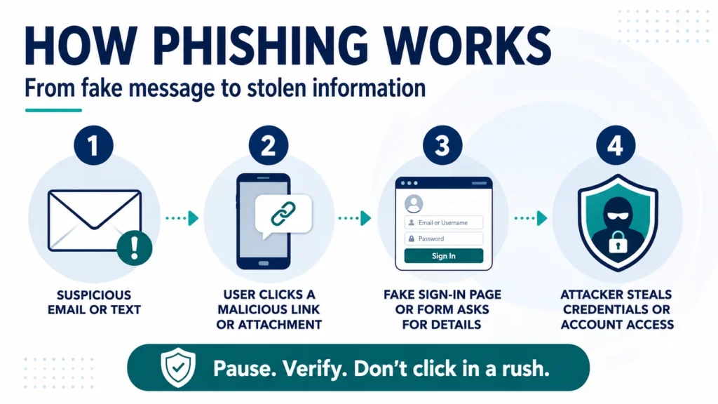 How phishing works visual guide showing fake message malicious link fake sign in page and stolen account access