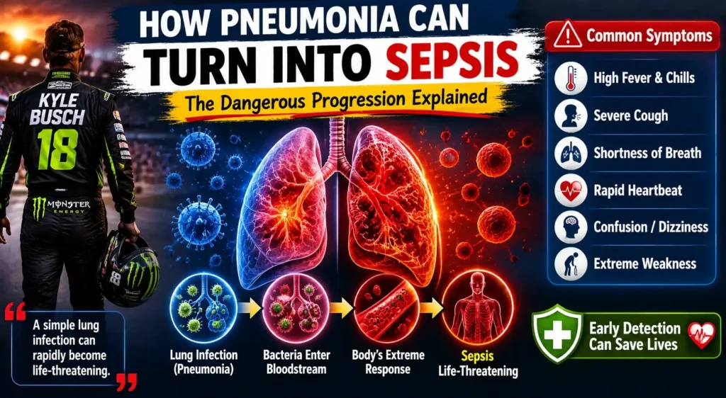 How pneumonia can turn into sepsis infographic showing lung infection bloodstream spread and warning symptoms