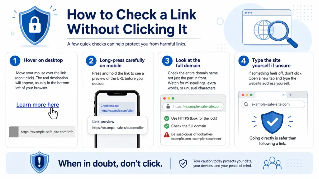 How to check a link without clicking it infographic with hover preview full domain checks and typing the site directly