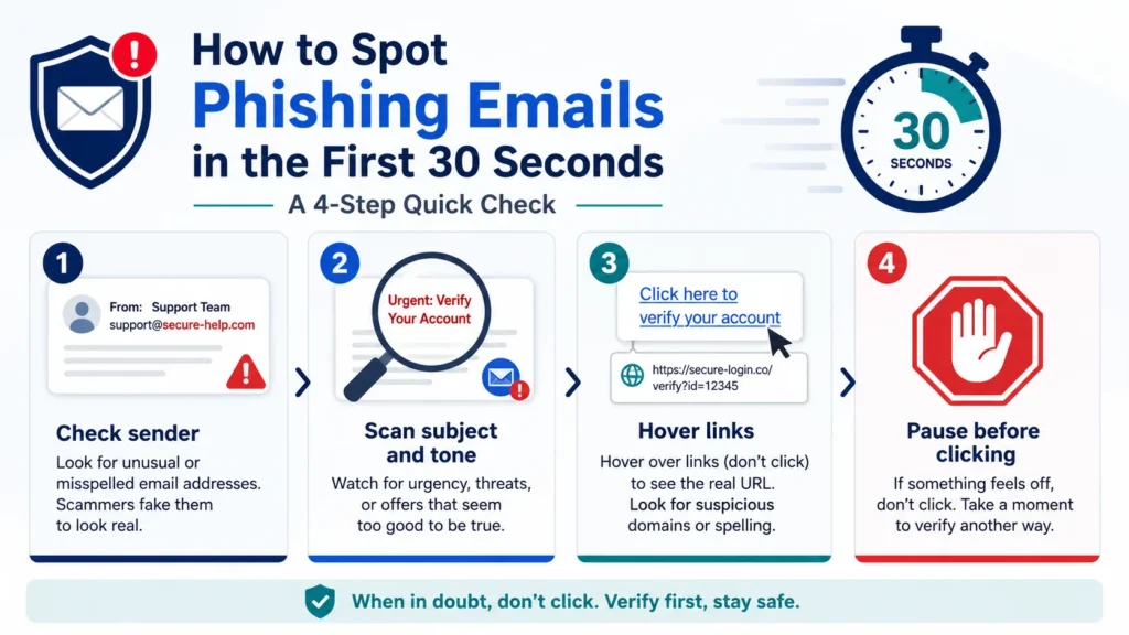How to spot phishing emails in the first 30 seconds quick-check infographic