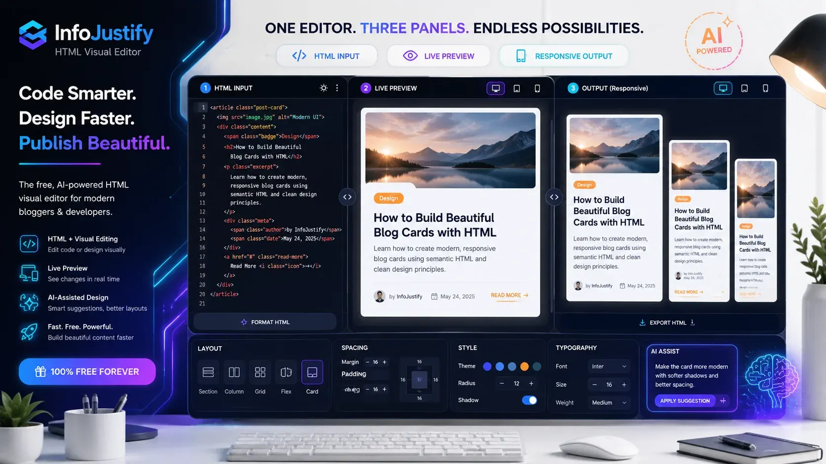 InfoJustify HTML Visual Editor for article cards and tech pages